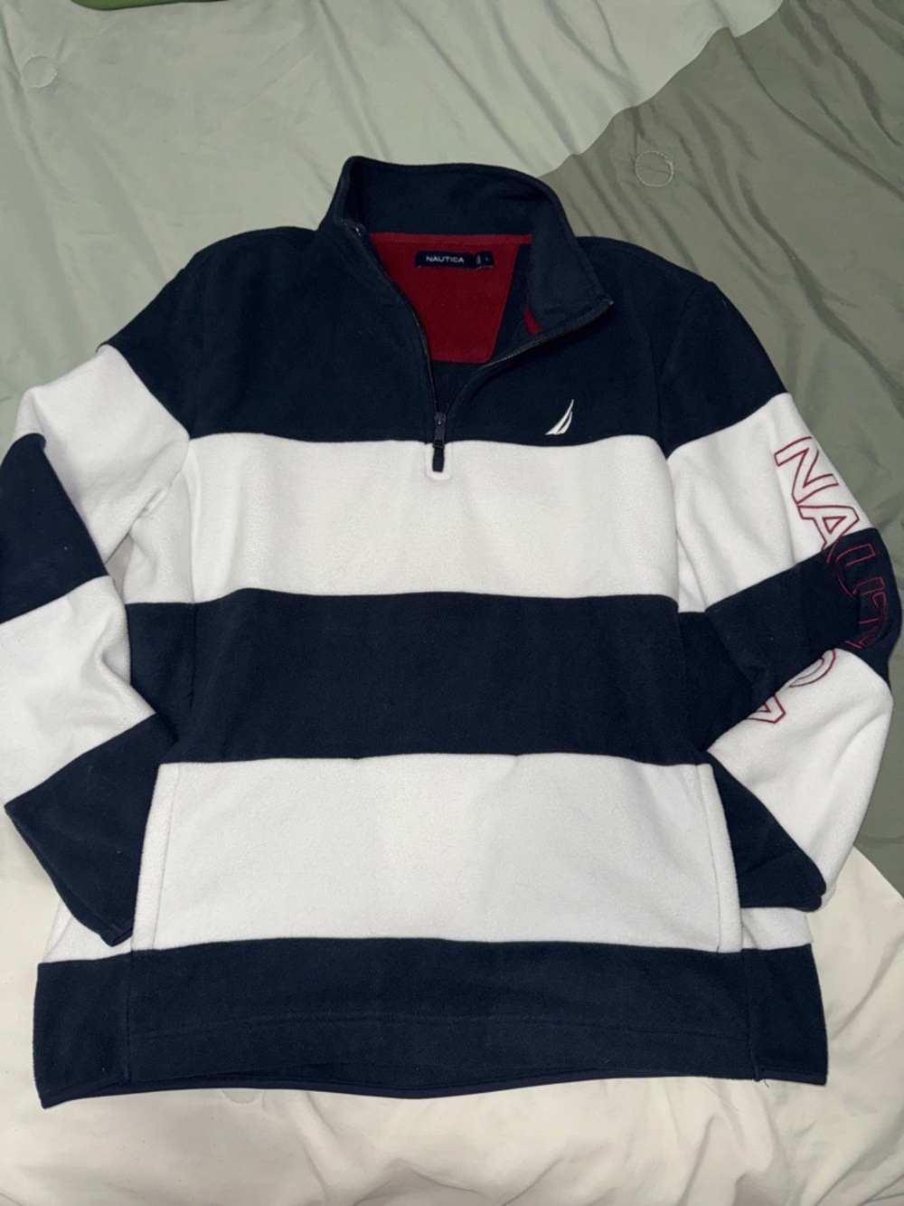 Nautica Men’s Navy and White Striped Quarter-Zip Pullover